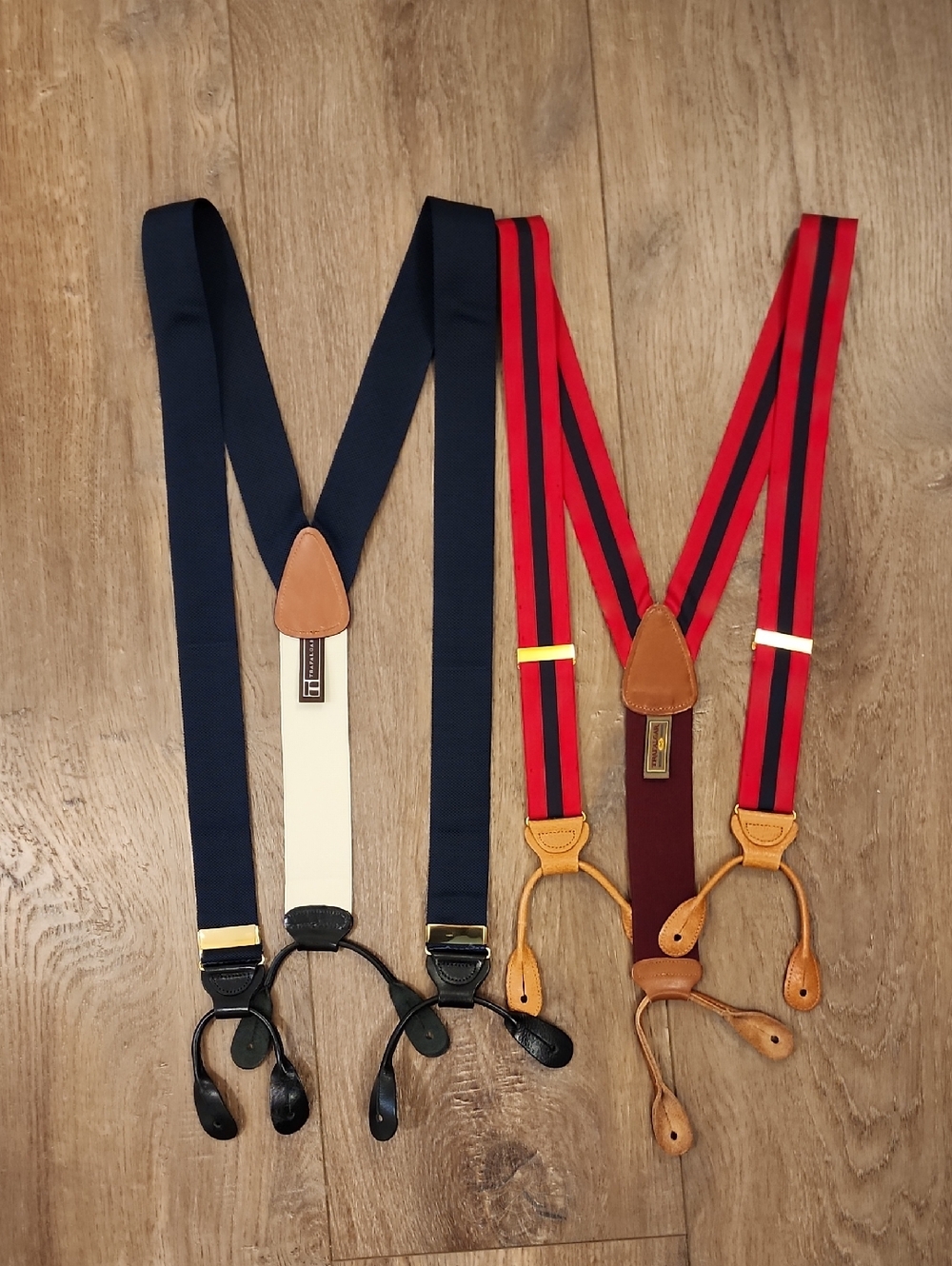 Trafalgar Lot of 2 Braces Suspenders Stripe Ribbon Leather Trim Woven Classic